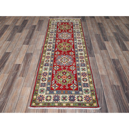 2'X5'10" Red Kazak With Tribal Design Soft Wool Hand Knotted Runner Rug