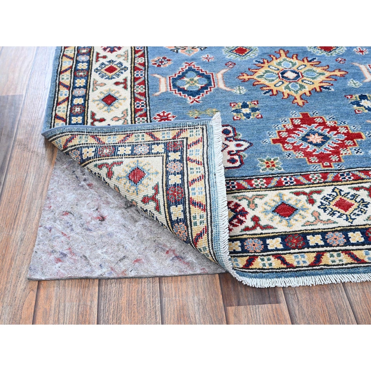 4'X13' Blue Kazak With Geometric Design Hand Knotted Soft Wool Runner Rug