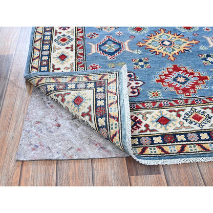 4'X13' Blue Kazak With Geometric Design Hand Knotted Soft Wool Runner Rug