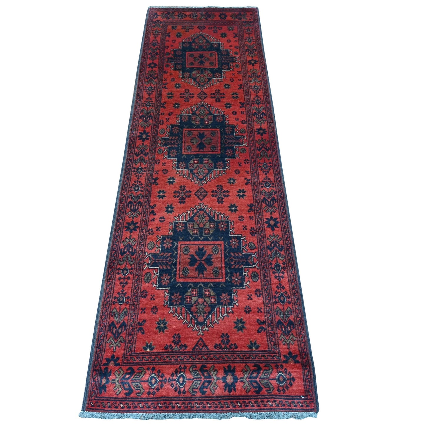 2'4"X7'9" Red Andkhoy Medallion Design 100% Wool Hand Knotted Runner Rug