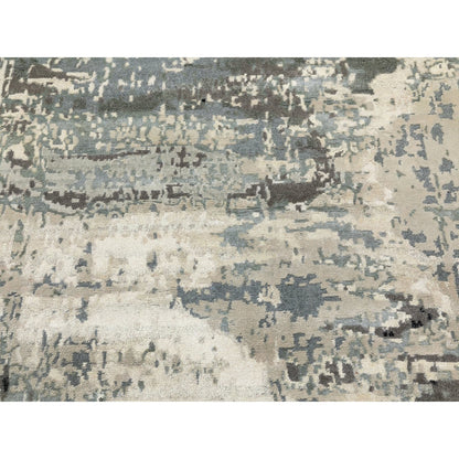 4'1"X10' Gray Abstract Design Wool And Silk Hi-Low Pile Hand Knotted Rug