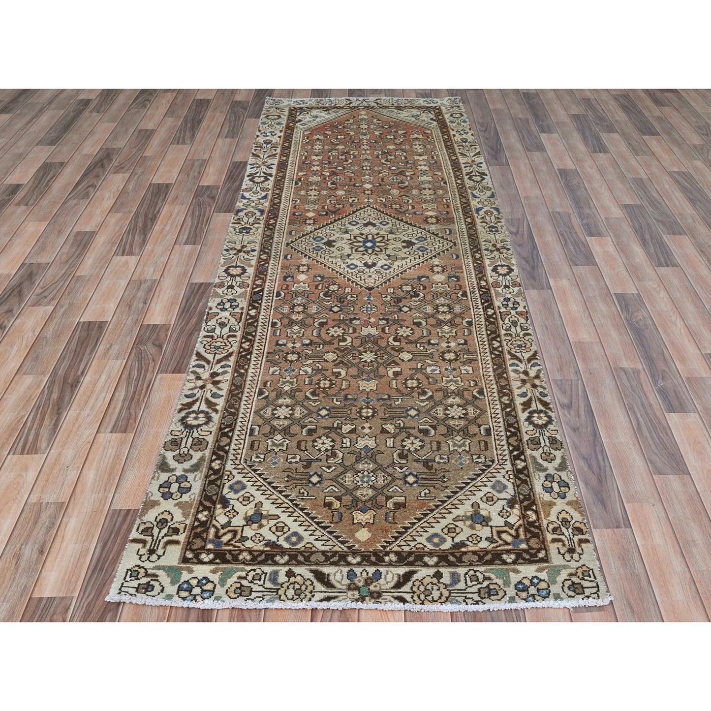 3'4"X10' Brown Vintage Farsian Amadan Pure Wool Hand Knotted Runner Rug