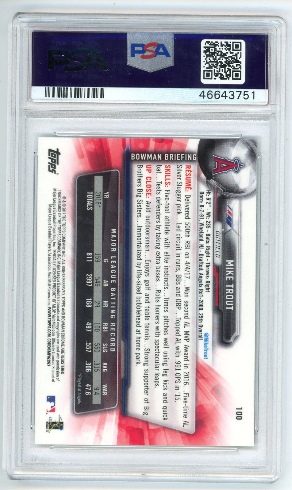 Mike Trout 2017 Bowman Chrome #100 Psa Mt 10