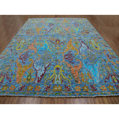 12'3"X15' Blue 100% Wool Colorful Oushak Weave Hand Knotted Oversized Rug
