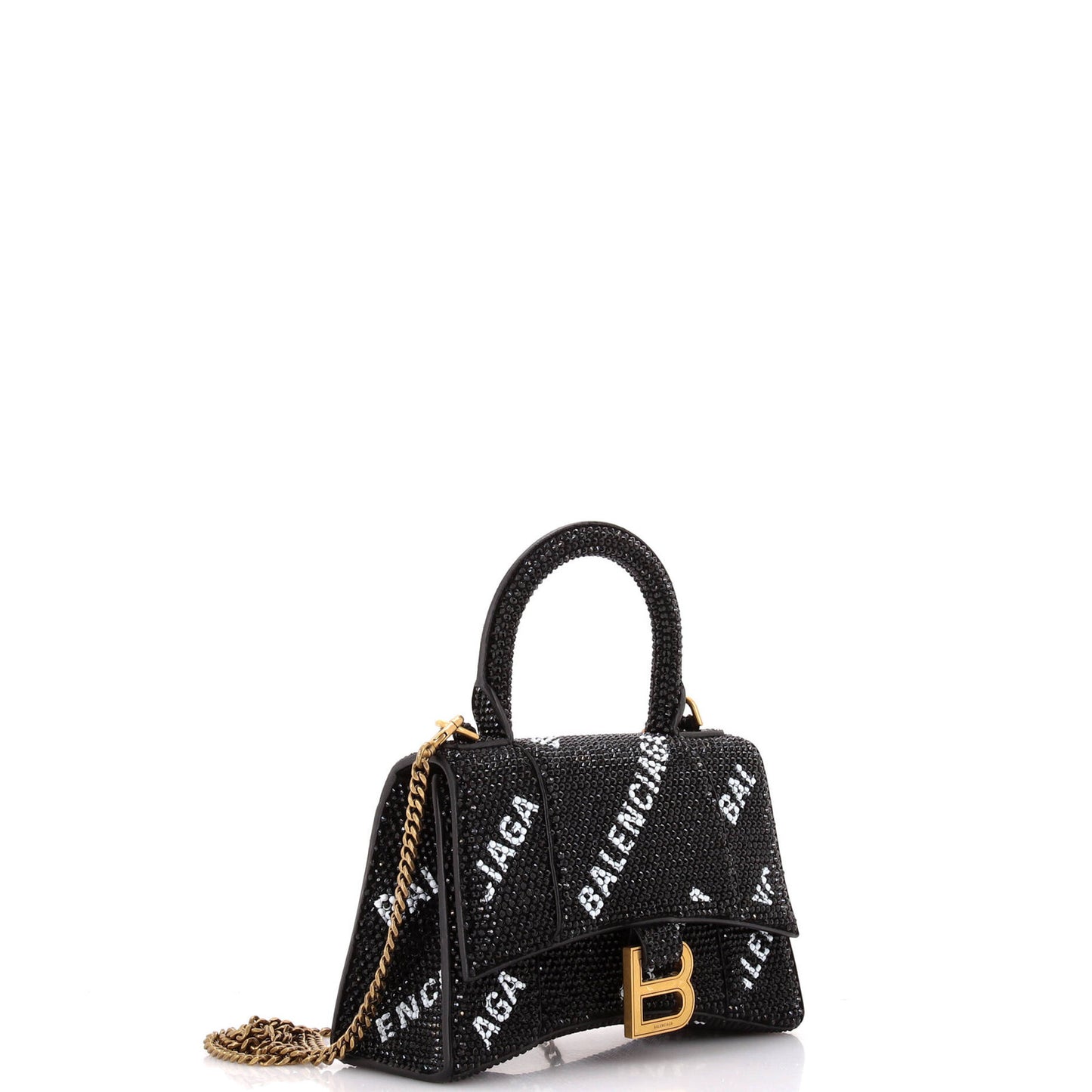 Balenciaga Hourglass Top Handle Bag Suede And Allover Logo Crystals Xs