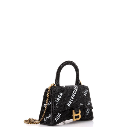 Balenciaga Hourglass Top Handle Bag Suede And Allover Logo Crystals Xs