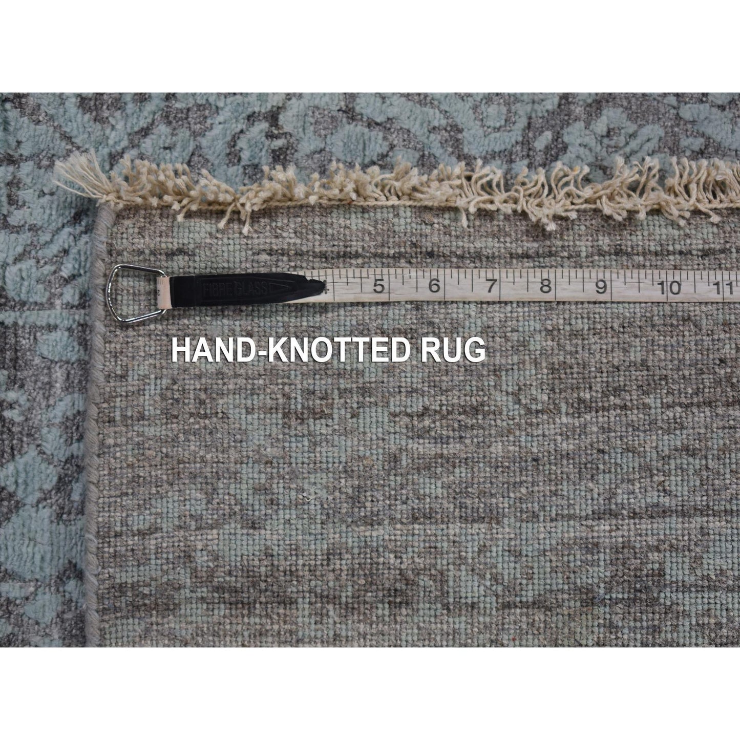 4'X9'9" Green Broken Farsian Design Wool/Silk Hand Knotted Runner Rug