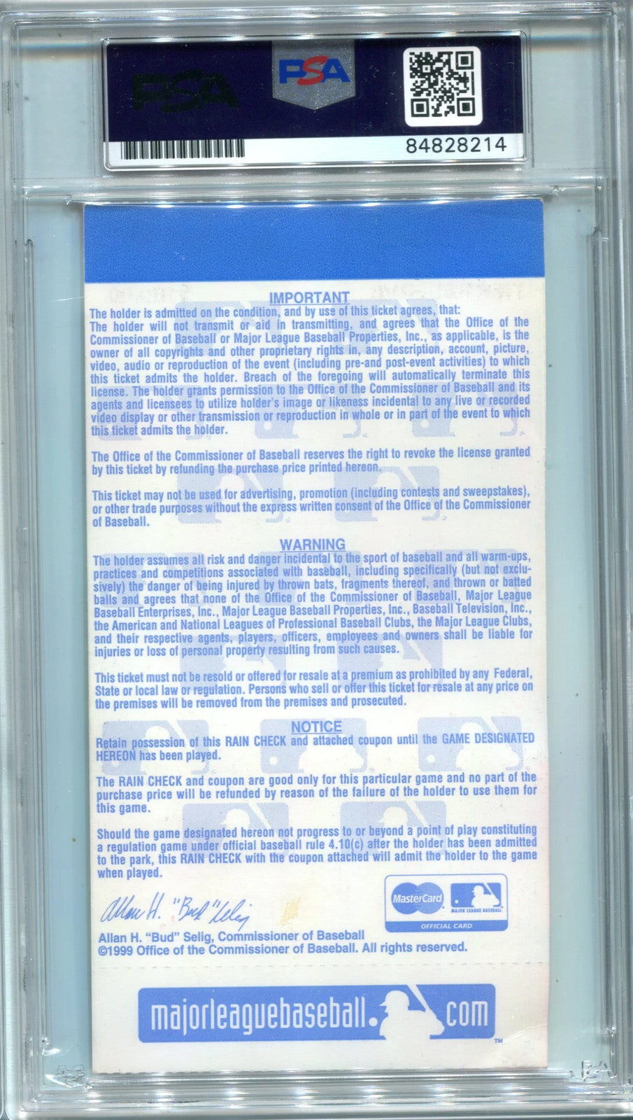 Mariano Rivera Autographed 1999 World Series Game 4 Ticket Stub (Psa)