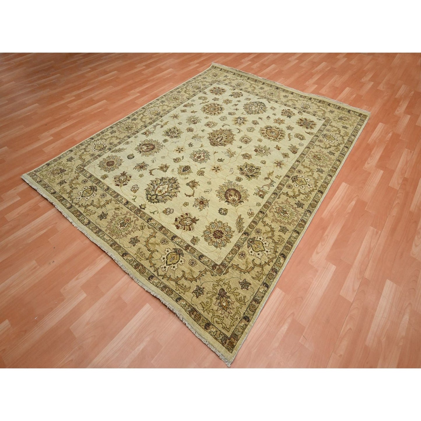 6'5"X8'2" Ivory Agra Ziegler Design Leaf Pattern Hand Knotted Wool Rug
