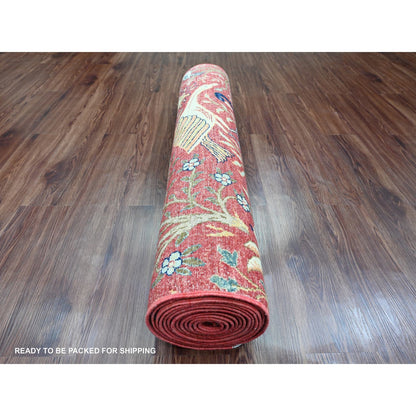 3'10"X16'2" Red Peshawar Birds Design Hand Knotted Pure Wool Runner Rug