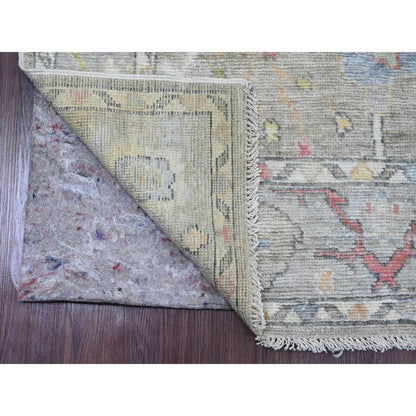 3'10"X12'1" Gray Hand Knotted Angora Oushak Leaf Design Wool Runner Rug