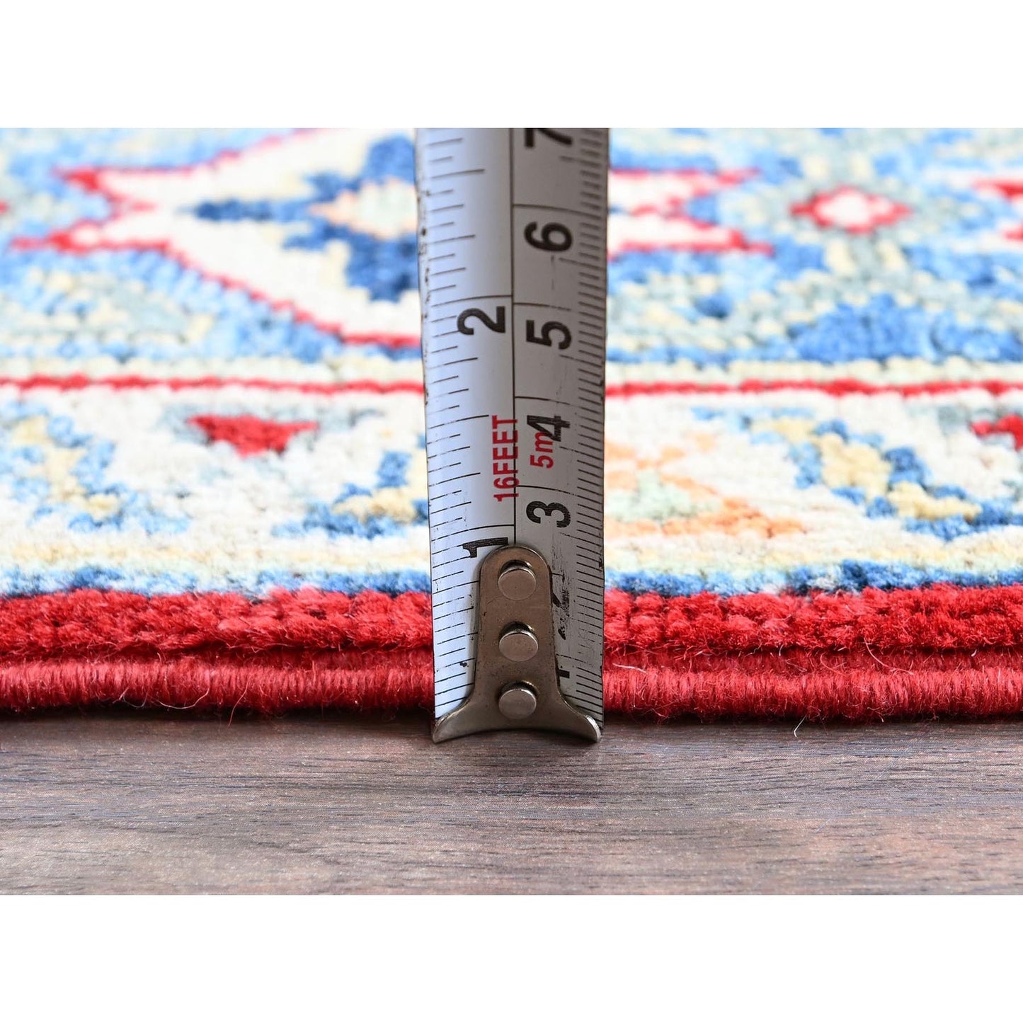 4'1"X6'1" Red Kazak Geometric Medallions Design Hand Knotted Soft Wool Rug