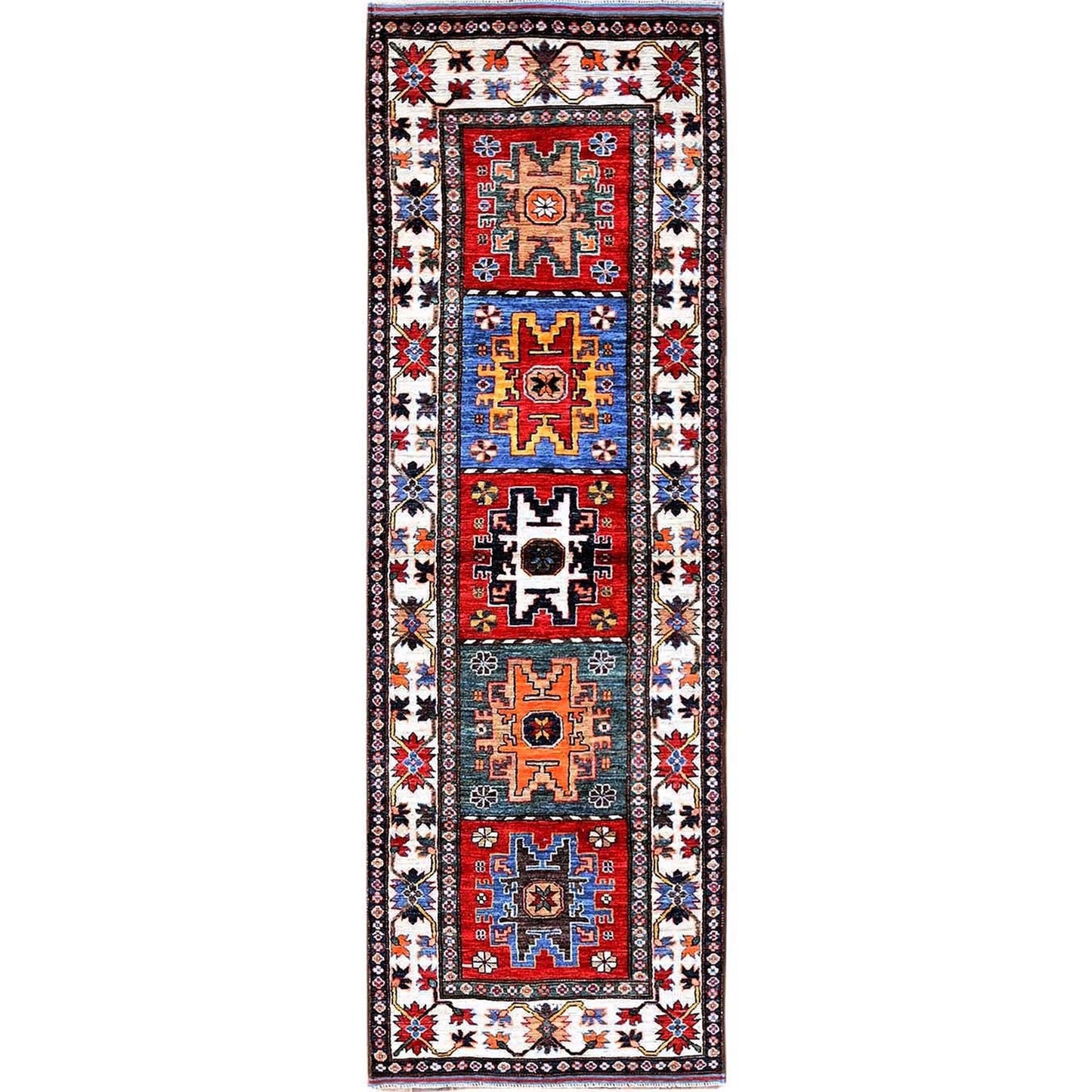 2'8"X8'3" Colorful Hand Knotted Caucasian Design Revival Wool Runner Rug