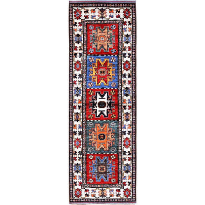 2'8"X8'3" Colorful Hand Knotted Caucasian Design Revival Wool Runner Rug