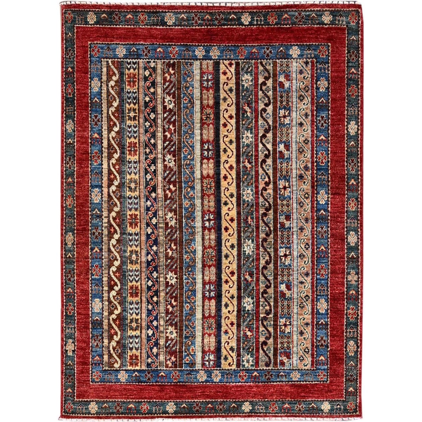 4'2"X5'9" Gilded Beige Super Kazak Shawl Design Wool Hand Knotted Rug