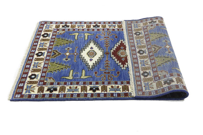 Hand-Knotted Kazak Oriental Rug 4X6 Ft Blue