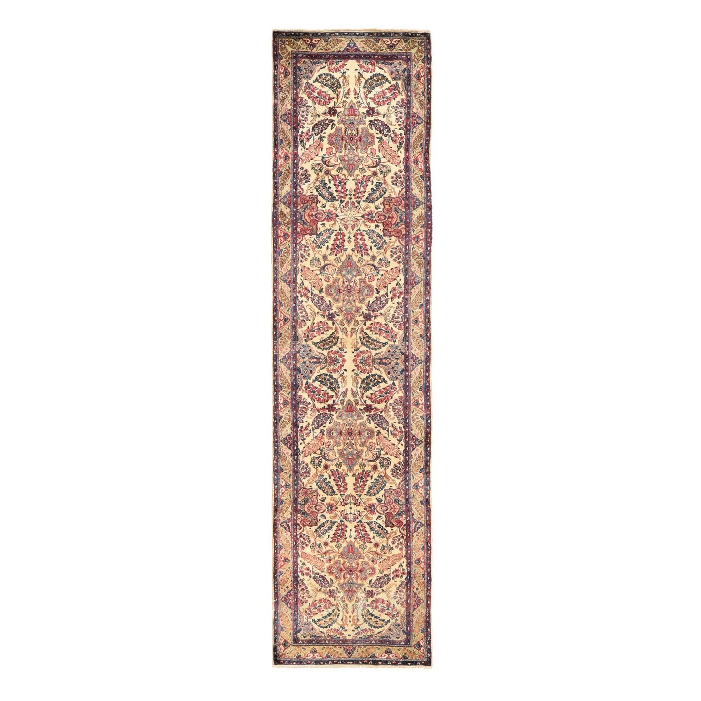 3'X12' Ivory Antique Zoroastrian Karman Wool Runner Rug Hand Knotted