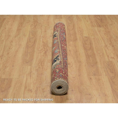 6'2"X9'1" Ivory Antiqued Heris Re-Creation Hand Knotted Soft Wool Rug
