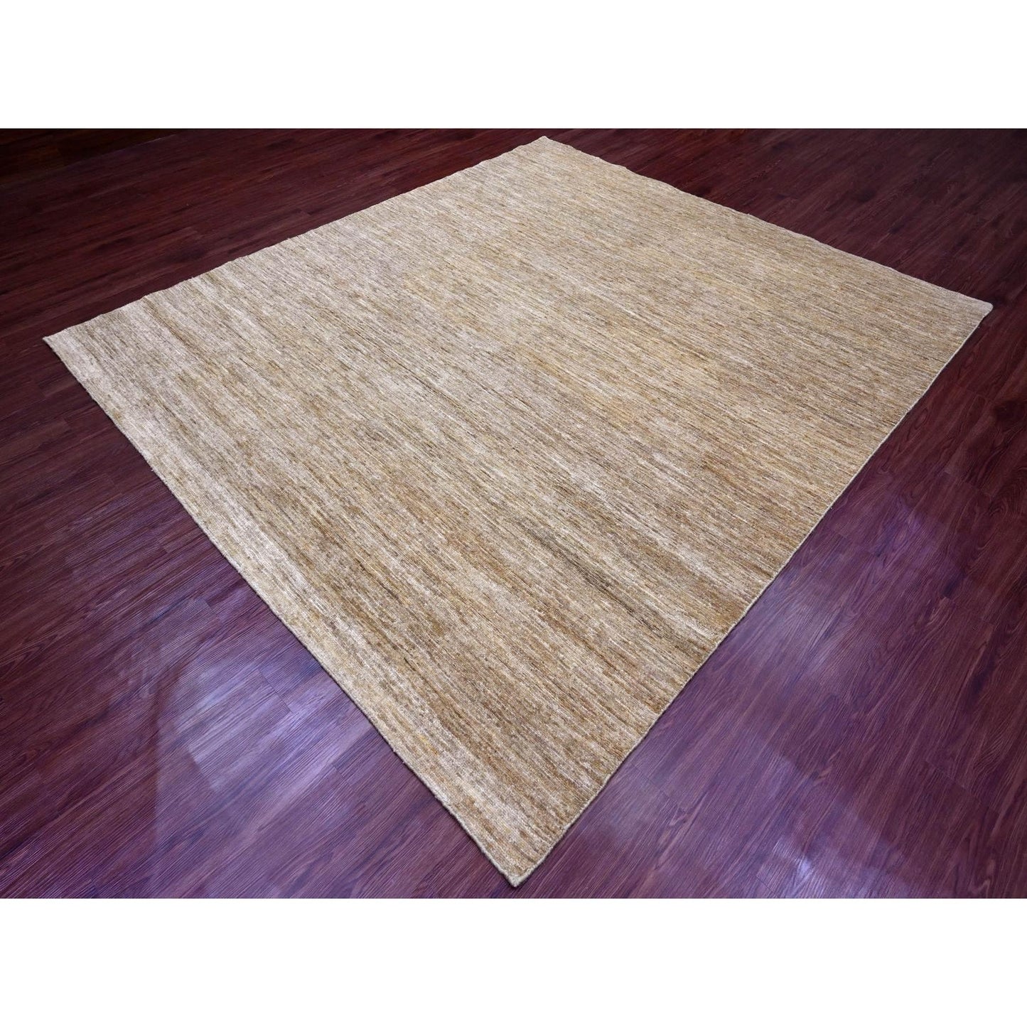 8'X9' Brown Hand Spun Ghazni Wool Solid Pattern Hand Knotted Squarish Rug