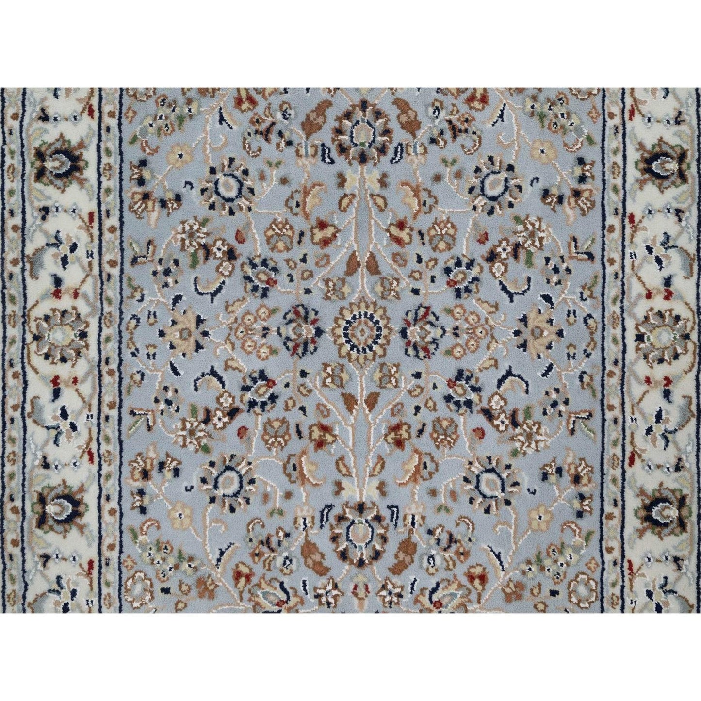 2'8"X10'1" Blue Wool And Silk Nain Floral Pattern Hand Knotted Runner Rug
