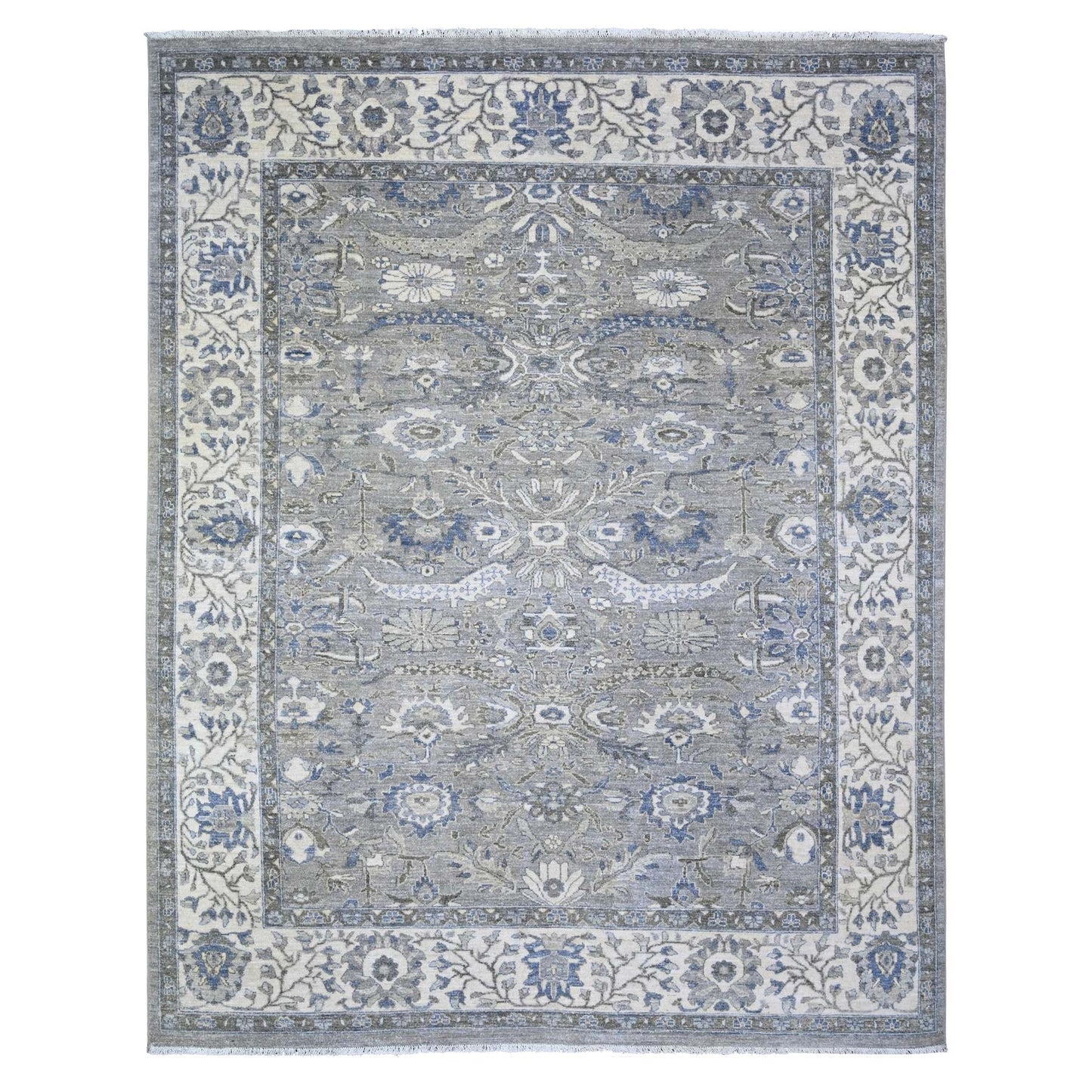 7'10"X9'9" Gray Heris Serrated Leaf Pattern Pure Wool Hand Knotted Rug