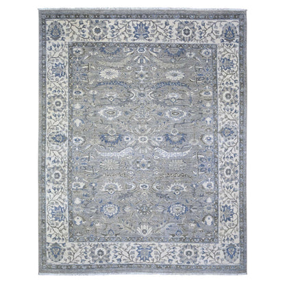 7'10"X9'9" Gray Heris Serrated Leaf Pattern Pure Wool Hand Knotted Rug
