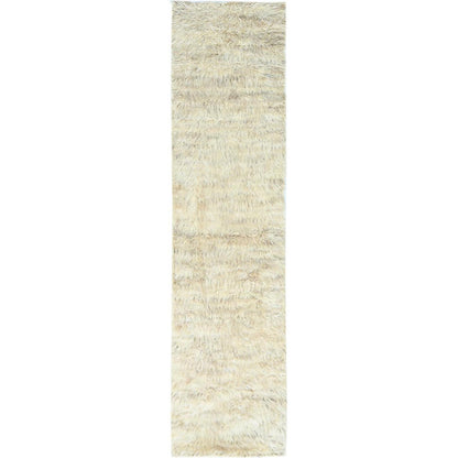 2'6"X10' Beige Wool Hand Knotted Shaggy Moroccan Oriental Runner Rug