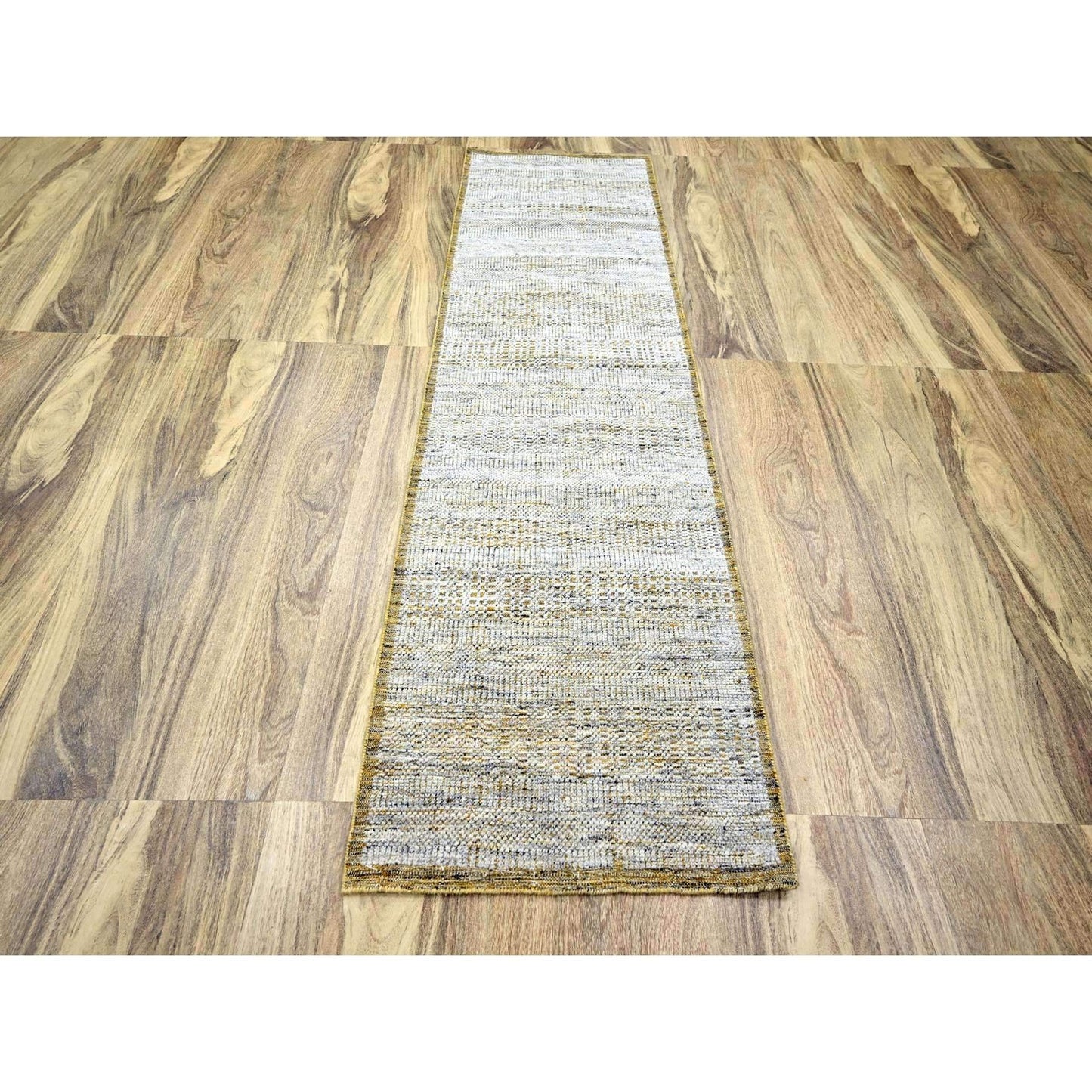 2'8"X8'2" Gold Hand Knotted Oxidized Grass Design Pure Wool Runner Rug