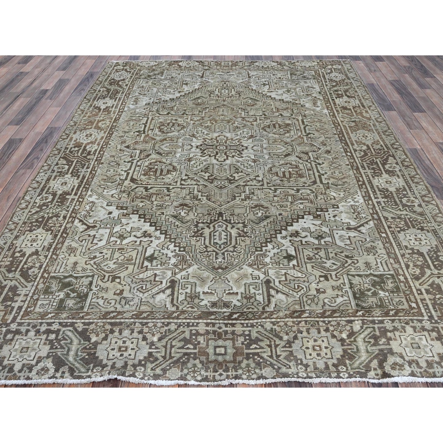 7'1"X9'8" Beige Vintage And Worn Zoroastrian Heris Hand Knotted Wool Rug