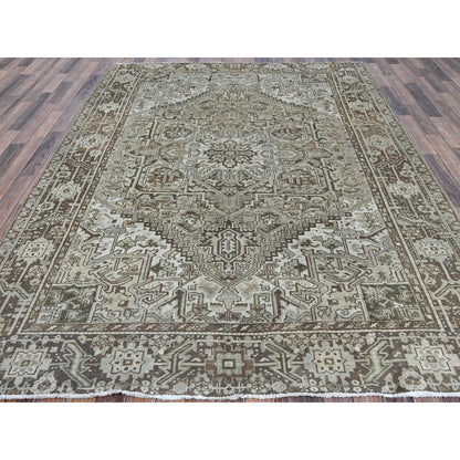 7'1"X9'8" Beige Vintage And Worn Zoroastrian Heris Hand Knotted Wool Rug