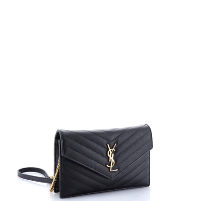 Small Saint Laurent Classic Monogram Wallet on Chain Matelasse Chevron Leather
