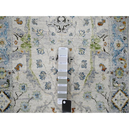 2'5"X7'9" Ivory Hand Knotted Oushak With Floral Motifs Wool Runner Rug