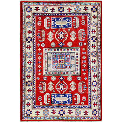 3'5"X5' Red Kazak With Geometric Design Soft Wool Hand Knotted Oriental Rug