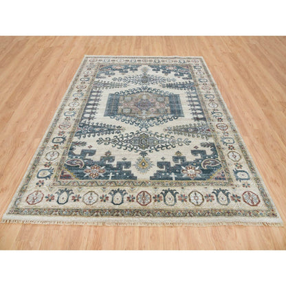 7'9"X10'4" Ivory Hand Knotted Reimagined Viss Design Wool Oriental Rug