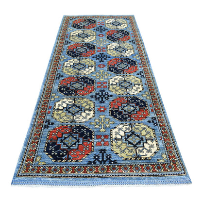 4'1"X9'9" Extra Soft Wool Hand Knotted Blue Afghan Ersari Wide Runner Rug