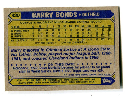 Barry Bonds 1987 Topps #320 Card
