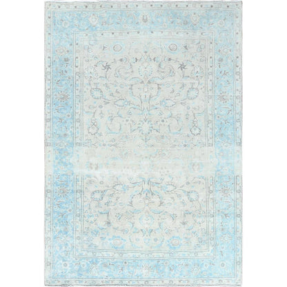 6'6"X9'7" Hand Knotted Ivory Vintage Farsian Karman Worn Wool Rug