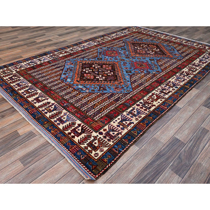 5'10"X9' Azure Blue Hand Knotted Shiny Wool Turkish Knot Striped Rug