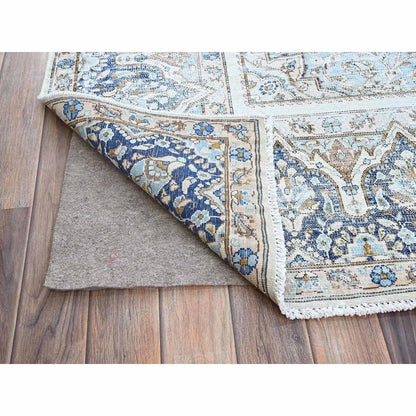 7'2"X10'1" Blue Vintage Zoroastrian Karman Worn Down Wool Hand Knotted Rug