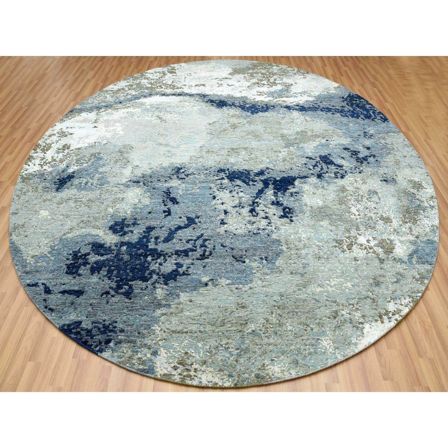 10'4"X10'4" Blue Abstract Design Hand Knotted Round Wool Oriental Rug
