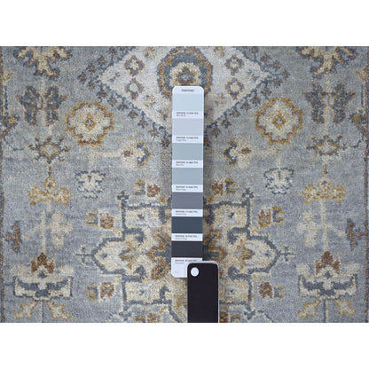 2'7"X6' Flannel Gray Karajeh Geometric Design Hand Knotted Shiny Wool Rug