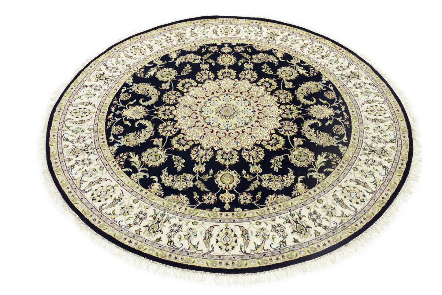 7X7 ft Round Indo-Nain Oriental Rug Handmade Dark Navy Floral Classic Carpet
