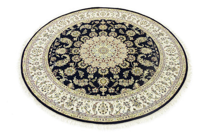 7X7 ft Round Indo-Nain Oriental Rug Handmade Dark Navy Floral Classic Carpet