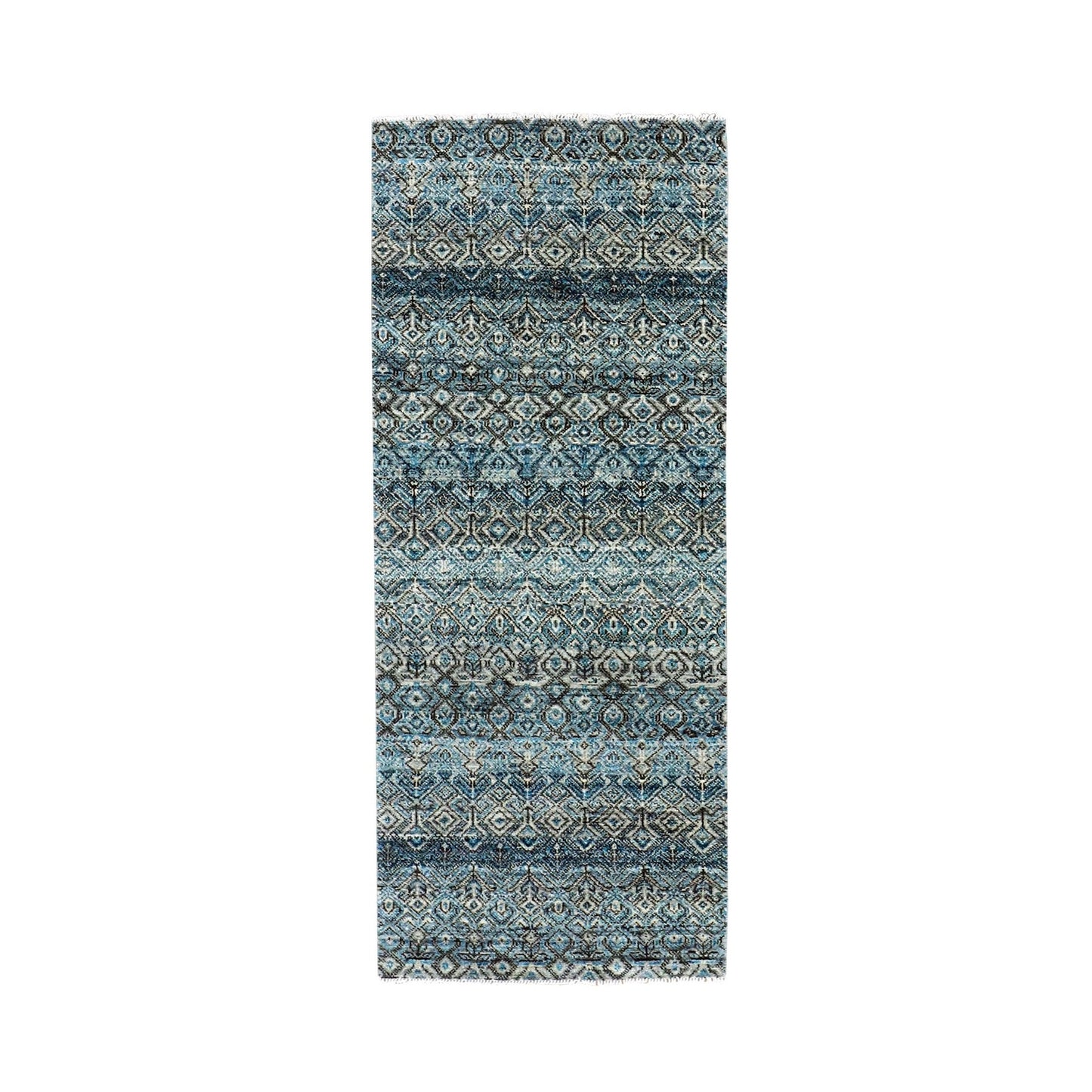 2'6"X6'2" Blue Hand Knotted Kohinoor Herrita Design 100% Wool Runner Rug