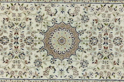Handmade Indo-Nain Floral Medallion Runner Rug