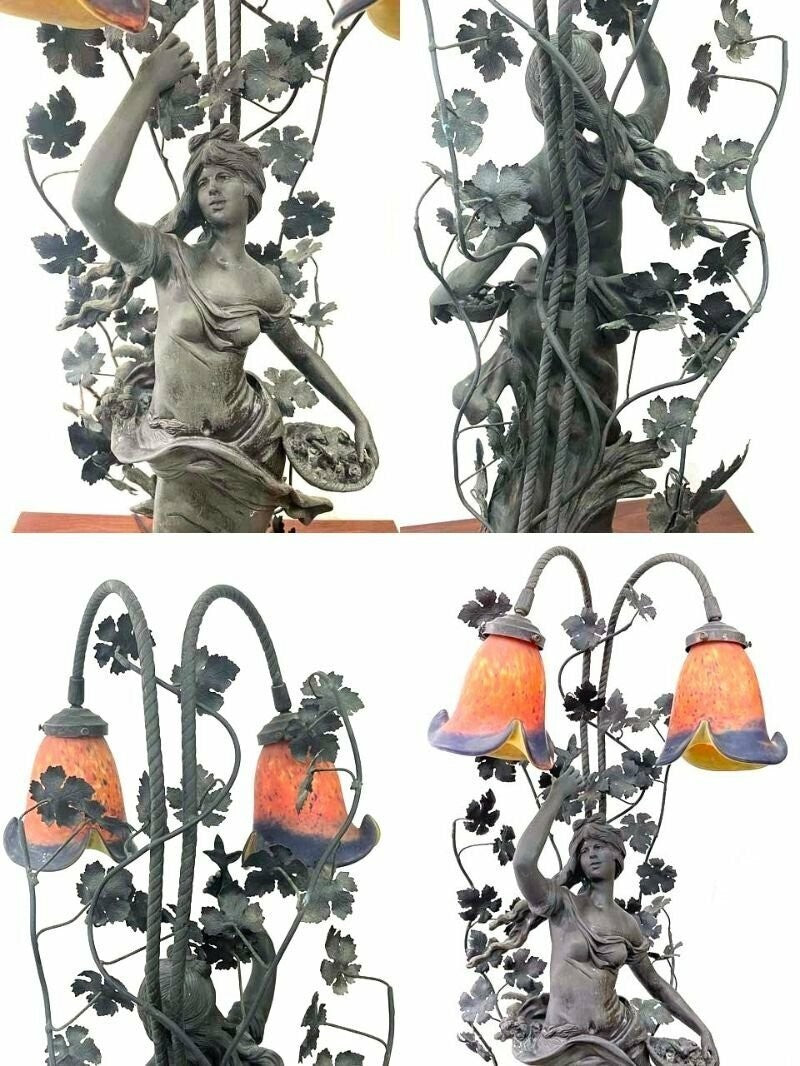 Antique French Bronze Statue Lamp Auguste Moreau ( 1834-1917 ) 26In