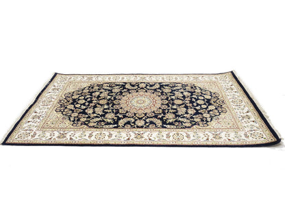 Indo-Nain Black Oriental Rug Floral Medallion