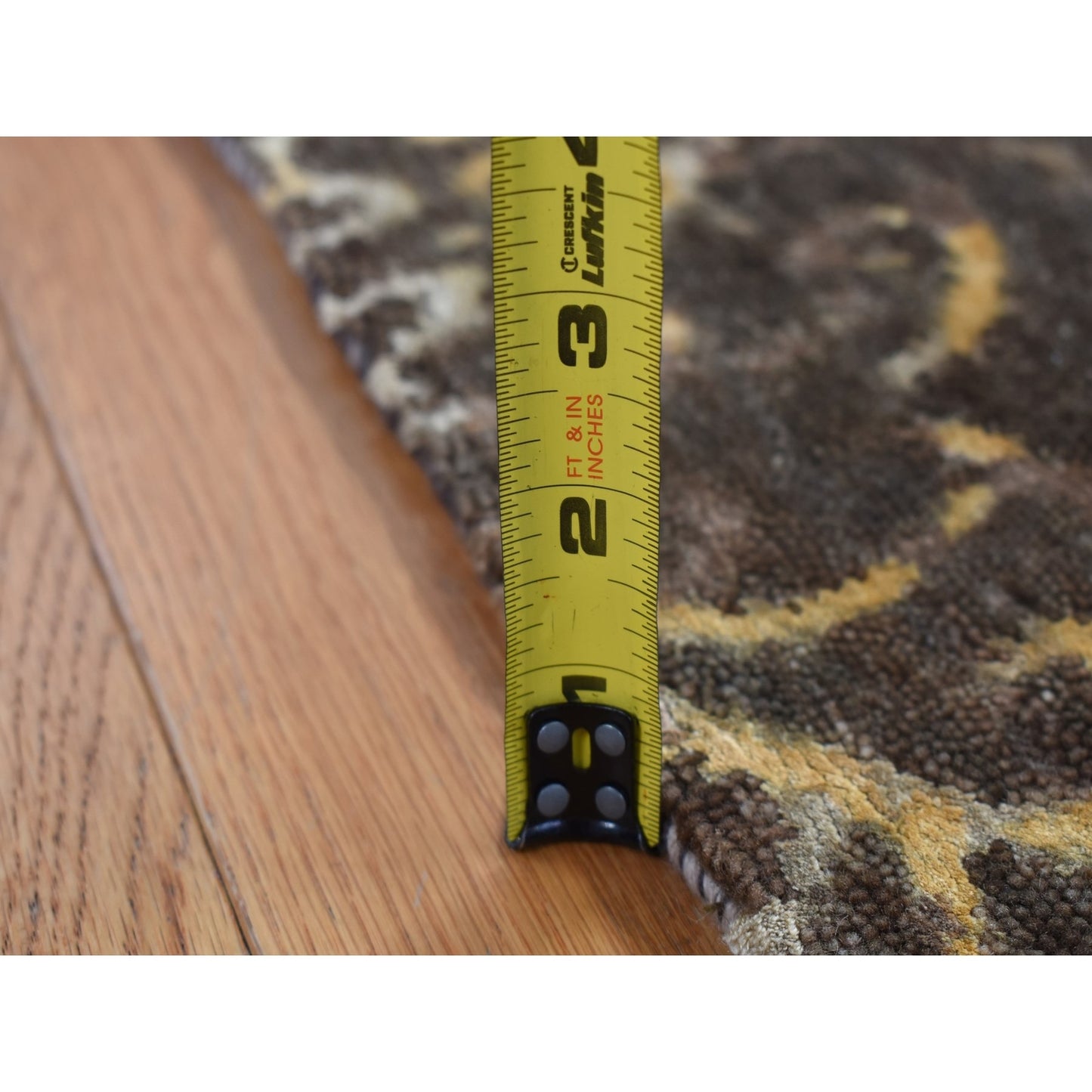 2'x9'10" Brown Hand Knotted Damask Tone on Tone Wool and Silk Runner Rug
