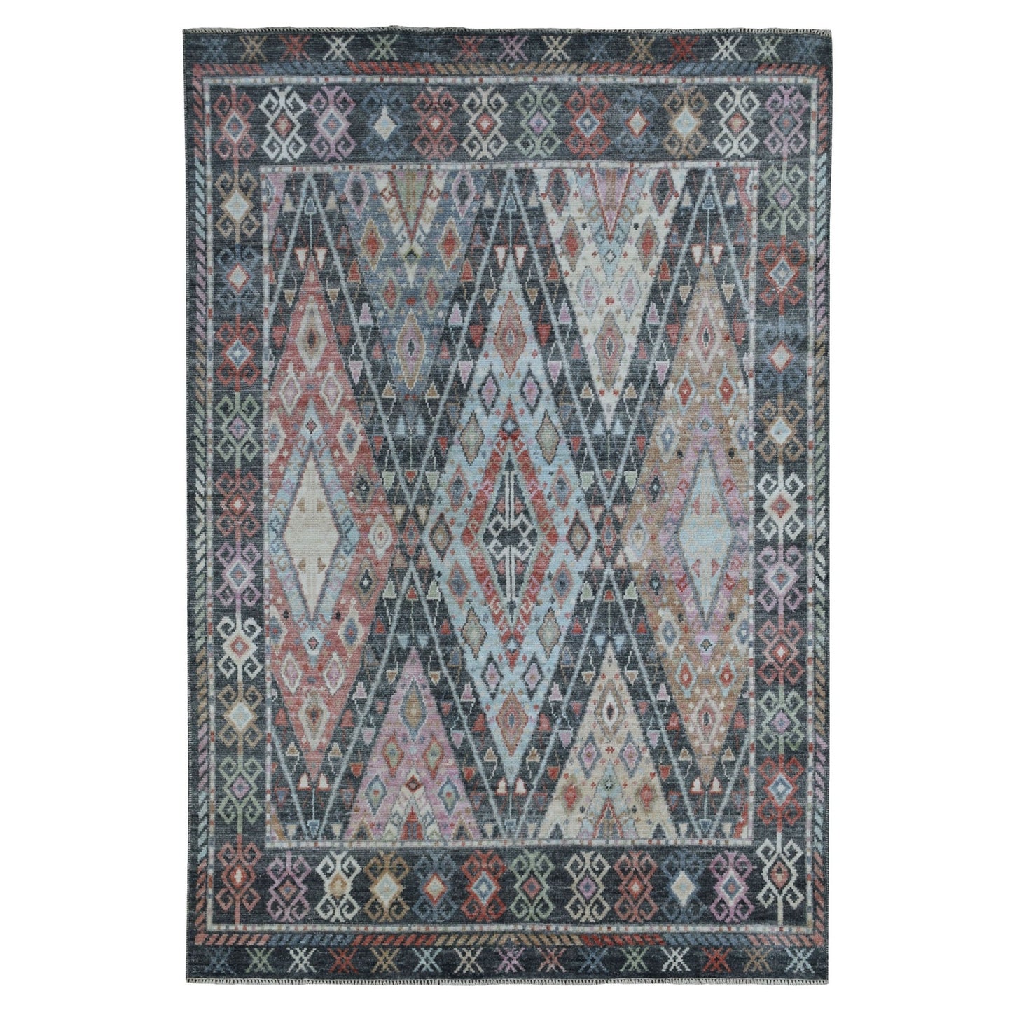 6'4"X9'2" Charcoal Black With Anatolian Design Wool Hand Knotted Rug