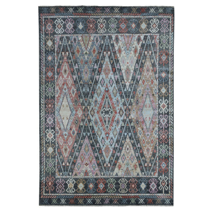 6'4"X9'2" Charcoal Black With Anatolian Design Wool Hand Knotted Rug
